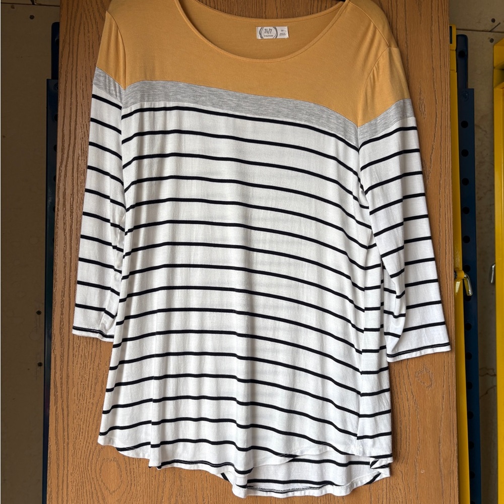 Maurices Yellow and Gray Striped 3/4 Length Sleeve Top